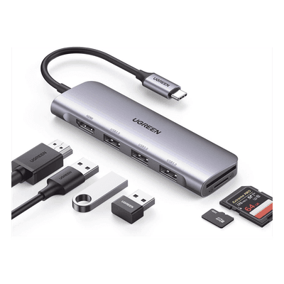 HUB USB-C (Docking Station) 6 en 1 | HDMI 4K@30Hz | 3 Puertos USB 3.0 | Lector Tarjeta SD + Micro SD (TF) Uso Simultáneo | Chip de Última Generación | Potente Disipación de Calor |  Caja de Aluminio.