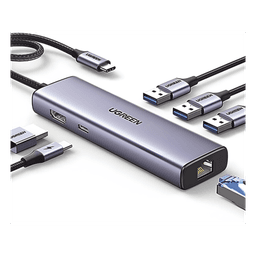 HUB USB-C (Docking Revodok) 6 en 1 | 3 Puertos USB-A 3.0 (5 Gbps) | USB-C PD 100W | HDMI 4K@30Hz | Entrada 1 RJ45 (Gigabit Ethernet) | Chip de Última Generación | Potente Disipación de Calor |  Caja de Aluminio.
