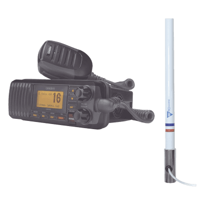 Kit de radio UM385BK | mas antena marina de fibra de vidrio TX-5101SYS/10M fabricada en fibra de vidrio con base roscable de acero inoxidable 