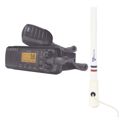 Kit de radio UM385BK | mas antena marina de fibra de vidrio TX-5206-SYS y soporte para antena 4186