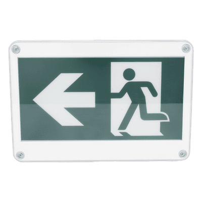 Letrero EXTERIOR de Señalización salida "Hombre Corriendo"/ Alto brillo / Uso en pared, lateral o techo / Batería de Respaldo Incluida con hasta 120 minutos de duración 