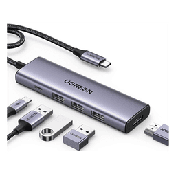 HUB USB-C (Docking Station) 5 en 1 | HDMI 2.0 4K@30Hz | 3 USB-A 3.0 (5Gbps) | USB-C PD Carga 100W | Potente Disipación de Calor | Chip de Ultima Generación | Cable de Nylon Trenzado de 25 cm | Carcasa de Aluminio.