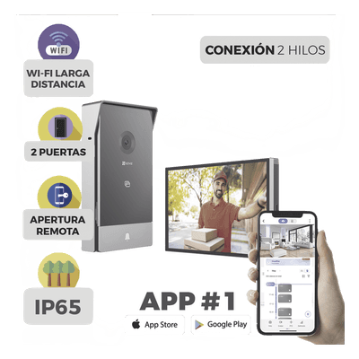 Videoportero IP Conexión a 2 Hilos / Con Monitor Wi-Fi para Interior / Frente de Calle  IP65 Uso En Exterior Debe Tener Protección / Cámara 3 Megapíxel / Llamada a la App / Apertura remota  / Apertura de 1 Puerta y un 1 Porton 