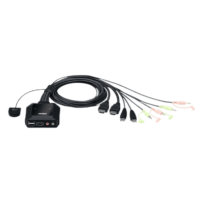 Conmutador KVM con cable HDMI 4K USB de 2 puertos con selector de puerto remoto |  4096x2160 @ 60Hz (4K DCI) | HDCP 2.2 |  Jack 3.5mm (Audio/Micrófono) | Conecta y controla 2 equipos con un solo monitor, teclado y mouse