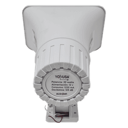 Sirena de Alertamiento Sísmico / Emisión Oficial 150 s / Alcance 25 m (82 ft) / Potencia 30 W / Compatible Módulos YASWIFI y YASMOD / Alimentación 12-14 VDC