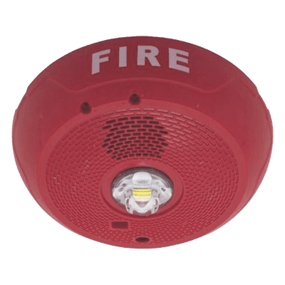 Sirena con estrobo LED de 2 hilos para techo, 24 Vcd, candela seleccionable hasta 177 cd, puntos de prueba DVM, color rojo