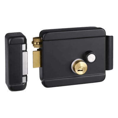 Cerradura Eléctrica con Botón de Salida / Doble Cerrojo / 12 VDC 2.5 A / Activación por Pulso 2 s / Exterior Izquierda / Cuerpo 129 x 103 x 38 mm