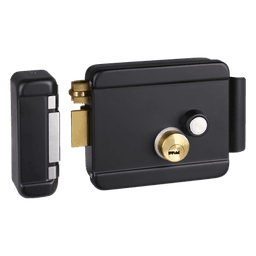 Cerradura Eléctrica con Botón de Salida / Doble Cerrojo / 12 VDC 2.5 A / Activación por Pulso 2 s / Exterior Izquierda / Cuerpo 129 x 103 x 38 mm