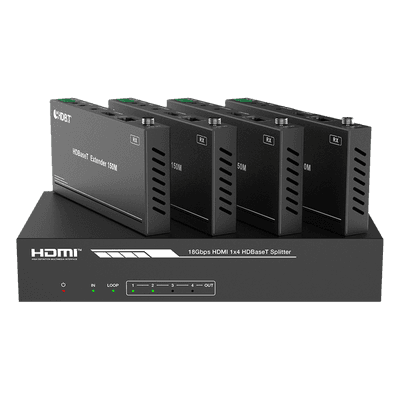 Splitter HDMI HDBaseT / 1x4 Distribución / 4K@60Hz 4:4:4 / Alcance 120 m (393.7 ft) en 4K / 150 m (492.1 ft) en 1080p / PoC / Audio Extraíble / EDID Avanzado / IR y RS232