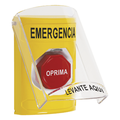 ​Botón Multipropósito, Color Amarillo, De Superficie, Con Tapa De Policarbonato, Con Bocina Pre Alarma, Solo Interior, Llave Para Restablecer, Texto De Emergencia, Español