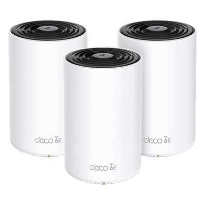 Kit 3 Routers Inalámbricos MESH Interior para Hogar / Doble Banda Wi-Fi 6E AX5400 Mbps / 3 Puerto Gigabit WAN/LAN / 4 Antenas Internas / Administración Mediante la App Deco (iOS, Android) / Protección HomeShield