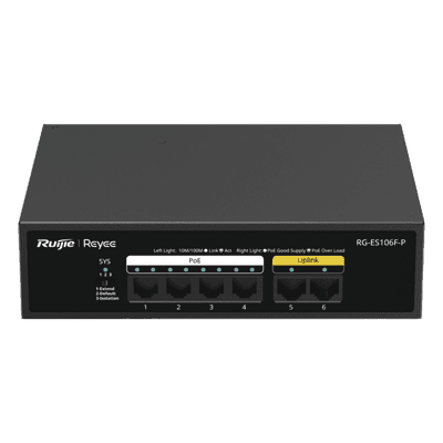 Switch PoE+ / 6 Puertos 10/100 Mbps / 54W PoE Total / No Administrable / Sin Ventilador