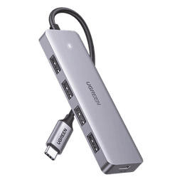 HUB USB-C 3.0 4 EN 1 | 4 Puertos USB-A (5Gbps) | Carcasa ABS + PC | Soporta OTG | Luz Indicadora LED | Compatible con iPhone 15 Pro MAX) | Interfaz Niquelada | Color Gris Metalizado | Cable de 15cm.