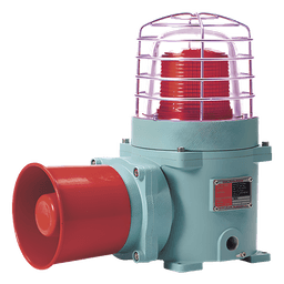Combinación de baliza LED color Rojo con patrón fijo y flasheante con sirena electrónica, volumen máx. 120 dB para zonas peligrosas a 120 VCA