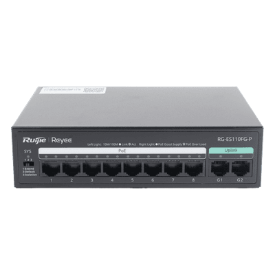 Switch PoE+ No Administrable / 8 Puertos PoE+ 10/100 / 2 Uplinks Gigabit / 110 W / Sin Ventilador / Protección 4 kV