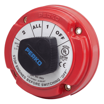 Switch Selector de Batería Marina PERKO 8501 / 250A Continuos 360A Intermitentes / 6-32 VCC / Encendido Protegido / Selector 1-2-Both-Off / Desconexión de Alternador