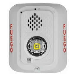 Sirena con Estrobo LED / 2 Hilos / Montaje en Pared / 24 Vcd / Candela Seleccionable / Texto en Español