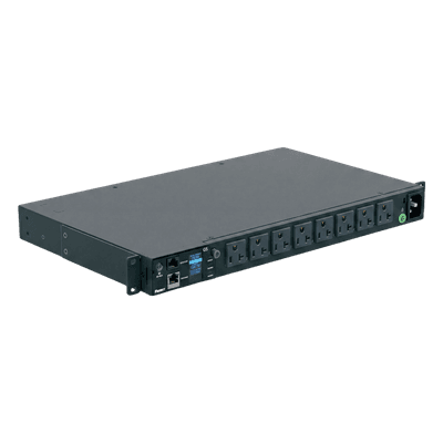 PDU Monitoreable (MI) para Distribución de Energía, Enchufe de Entrada NEMA 5-15P, Con 8 Salidas 5-20R, Horizontal 19in, 120 Vca, 20 Amp, 1UR