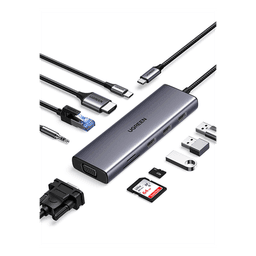Hub USB-C 10 en 1 / HDMI 4K@30Hz + VGA 1920x1200 / 3x USB 3.0 5Gbps / Ethernet Gigabit / SD/TF Card Reader / PD 100W / Audio 3.5mm / Doble Pantalla Simultánea / Plug & Play Universal