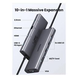 Hub USB-C 10 en 1 / HDMI 4K@30Hz + VGA 1920x1200 / 3x USB 3.0 5Gbps / Ethernet Gigabit / SD/TF Card Reader / PD 100W / Audio 3.5mm / Doble Pantalla Simultánea / Plug & Play Universal