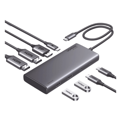HUB USB-C (Docking Revodok 308) 8 en 1 | 2 Puertos HDMI 4K@60Hz | 1 Puerto DisplayPort 4K@60Hz 2 USB-A 10Gbps) | 2 USB-C (10Gbps) | USB-C PD Carga 100W | Chip de Ultima Generacion | Carcasa de Aluminio.