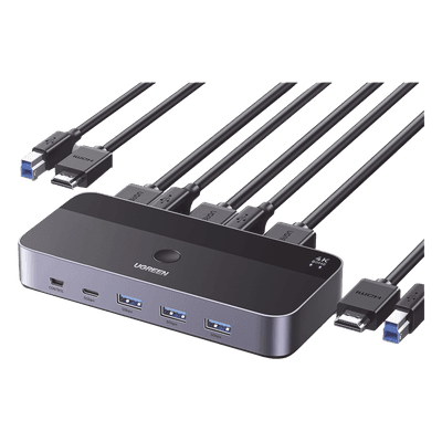Conmutador KVM HDMI 4K | HDMI 2.0 | 2 Entradas 1 Salida | 4 Puertos USB 3.0 (3 USB-A *1 USB-C) | Soporta 4K@60Hz | HDR | Indicador Led | Compatible Win, MacOs y Linux | Carcasa de Aluminio.