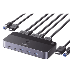 Conmutador KVM HDMI 4K | HDMI 2.0 | 2 Entradas 1 Salida | 4 Puertos USB 3.0 (3 USB-A *1 USB-C) | Soporta 4K@60Hz | HDR | Indicador Led | Compatible Win, MacOs y Linux | Carcasa de Aluminio.