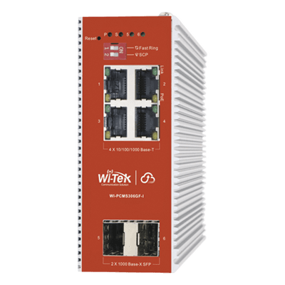 Switch PoE Industrial L2+ / 4 Puertos Gigabit PoE 802.3af/at / 2 Puertos SFP / Presupuesto PoE 120 W / Administración Cloud / Protocolo ERPS / Sin Ventiladores / IP40
