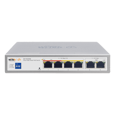 Switch PoE / 4 Puertos 10/100 Mbps PoE af/at / 2 Puertos Uplink 10/100 Mbps / Presupuesto 60 W / Alcance PoE 250 m (820.2 ft) / ONVIF