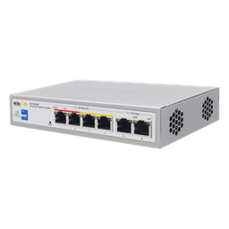 Switch PoE / 4 Puertos 10/100 Mbps PoE af/at / 2 Puertos Uplink 10/100 Mbps / Presupuesto 60 W / Alcance PoE 250 m (820.2 ft) / ONVIF
