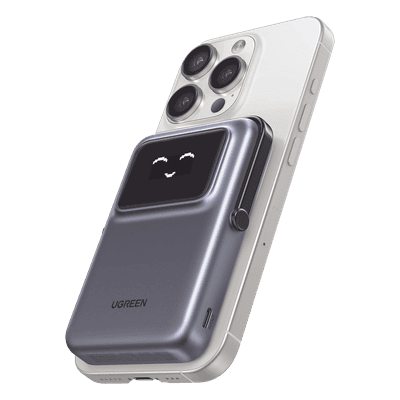 Power Bank Serie UNO Inalambrico | 10000mAh | 7.5W/20W  |  Con Emojis de Estado | Carga Rápida USB-C Bidireccional  | Pantalla TFT  Inteligente | Con Holder | Color Grey.