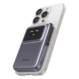 Power Bank Serie UNO Inalambrico | 10000mAh | 7.5W/20W  |  Con Emojis de Estado | Carga Rápida USB-C Bidireccional  | Pantalla TFT  Inteligente | Con Holder | Color Grey.