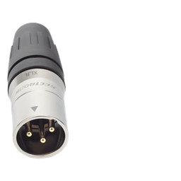 CONECTOR MACHO XLR DE 3 NÚCLEOS CON CARCASA DE ACERO INOXIDABLE Y CONTACTOS CHAPADOS EN ORO
