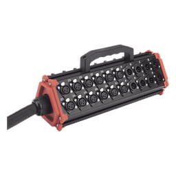 STAGEBOX, 32+8 CANALES, 8 EXTREMOS SON SCMM3 XLR Macho, LOS OTROS 32 EXTREMOS SON SCMF3 XLR Hembra de 3 núcleos con carcasa de acero inoxidable y contactos chapados en oro