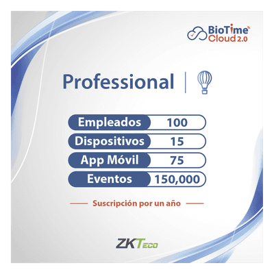 LICENCIA PROFESSIONAL BIOTIME CLOUD 2.0  / 100 USUARIOS / 15 DISPOSITIVOS (Licencia Anual)