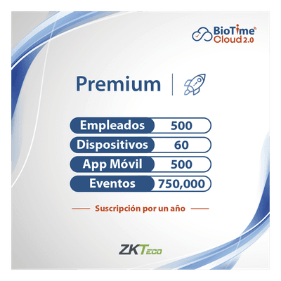 LICENCIA PREMIUM BIOTIME CLOUD 2.0  / 500 USUARIOS / 60 DISPOSITIVOS (Licencia Anual)