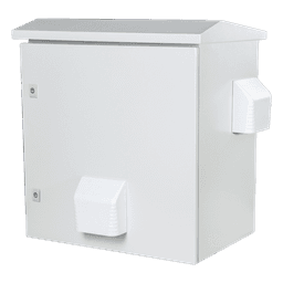 Gabinete Ventilado de Acero IP55 Uso en Exterior (593 x 609 x 399 mm) con Placa Trasera Interior Metálica y Compuerta Inferior Atornillable. Incluye Ventilador, Ventilas, filtros, Montaje Rack 19", Terminal de Tierra Física, Chapas y Ll