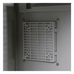 Gabinete Ventilado de Acero IP55 Uso en Exterior (593 x 609 x 399 mm) con Placa Trasera Interior Metálica y Compuerta Inferior Atornillable. Incluye Ventilador, Ventilas, filtros, Montaje Rack 19", Terminal de Tierra Física, Chapas y Ll