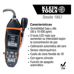 Detector de Fugas de Gas Combustible / 50-10,000 ppm / Sensor Electroquímico / Cuello Flexible 18'' (1.5 ft) / Alarma 85 dB