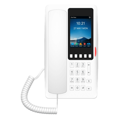 Teléfono IP Hotelero Wi-Fi 6 / Pantalla IPS 3.5" 320x480 / 2 Líneas SIP / 5 Teclas Programables / Puerto USB-A / PoE 802.3af / Audio HD / Diseño Blanco