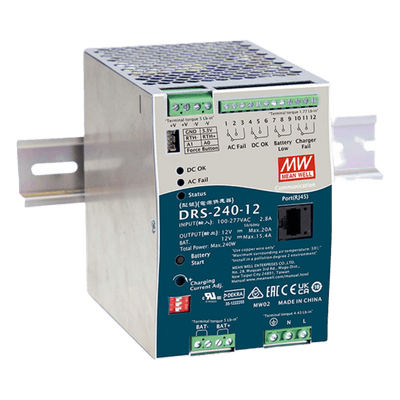 Fuente de Poder Industrial / 240W / Salida 12Vcc 20A / Cargador de Baterías / Enfriamiento por Convección / Riel DIN
