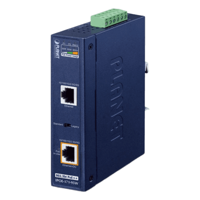 Inyector Industrial, Multi-Gigabit 802.3bt PoE++ / 95W / 2 Puertos RJ45 / 10M/100M/1G/2.5G/5Gbps / IP30 / -40 a 75°C / Montaje en Riel DIN o Pared