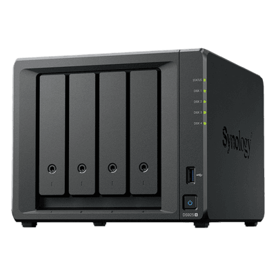 NAS DiskStation DS925+ | 4 Bahías | Expandible a 9 Bahías | 2 Puertos 2.5GbE | 2 Ranuras M.2 NVMe | AMD Ryzen V1500B | 4 GB DDR4 ECC | Hasta 565 MB/s Escritura Secuencial | Compatible con RAID | Synology DSM.