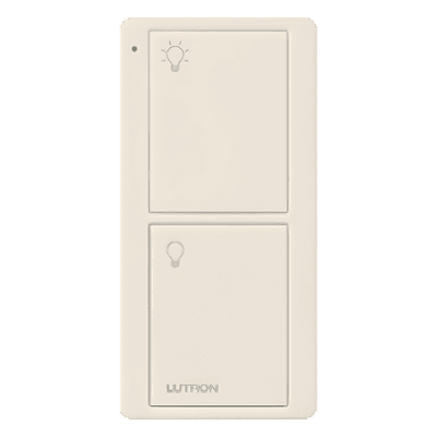 Control Inalámbrico RF / 2 Botones On/Off / Alcance 9 m (30 ft) / Integración con Atenuadores y Hubs / Montaje en Pared o Portátil / Acabado Gloss Light Almond