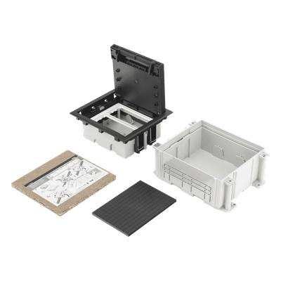 Caja de Suelo / 2 Módulos Dobles K45 / Profundidad Ajustable 70-100 mm (2.76-3.94 in) / Carga 1400 kg / Resistencia Térmica 125 °C / Antillama 850 °C / Registro para Concreto