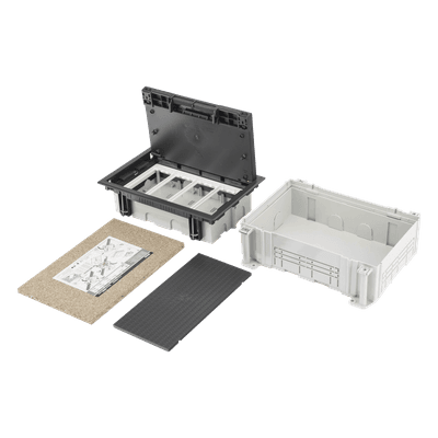 Caja de Pavimento / 4 Módulos / Profundidad Ajustable 70-100 mm (2.76-3.94 ft) / Carga 1300 kg / Resistencia 850°C / Incluye Cubeta y Embellecedor