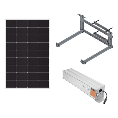 Kit  Solar para alimentar hasta 30W, Salida 12/24 Vcc,  Para alimentar camaras PTZ y Enlaces Punto a Punto, Panel Solar 180W, Bateria Litio 1280 Wh