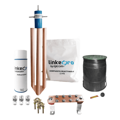 Kit Puesta a Tierra 200A / Electrodo Cobre Electrolítico / Diseño Delta / Filtro Equipotencial / Compuesto 12 kg / Barra Unión + Conectores + Registro