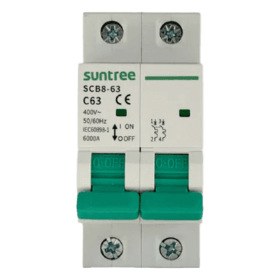 Interruptor Térmico / 2 Polos / 63 A / 400 Vca / 6 kA / Montaje Riel DIN 35 mm / Aplicación Fotovoltaica
