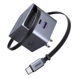 Cargador Rápido / 45W GaN / Cable Retráctil 0.7 m (2.3 ft) / 3 Puertos / Eficiencia 95% / Protección 8 Capas / 100-240V AC